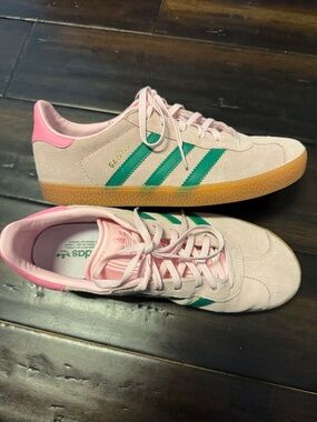 adidas Pink Suede Sneakers with Green Stripes
